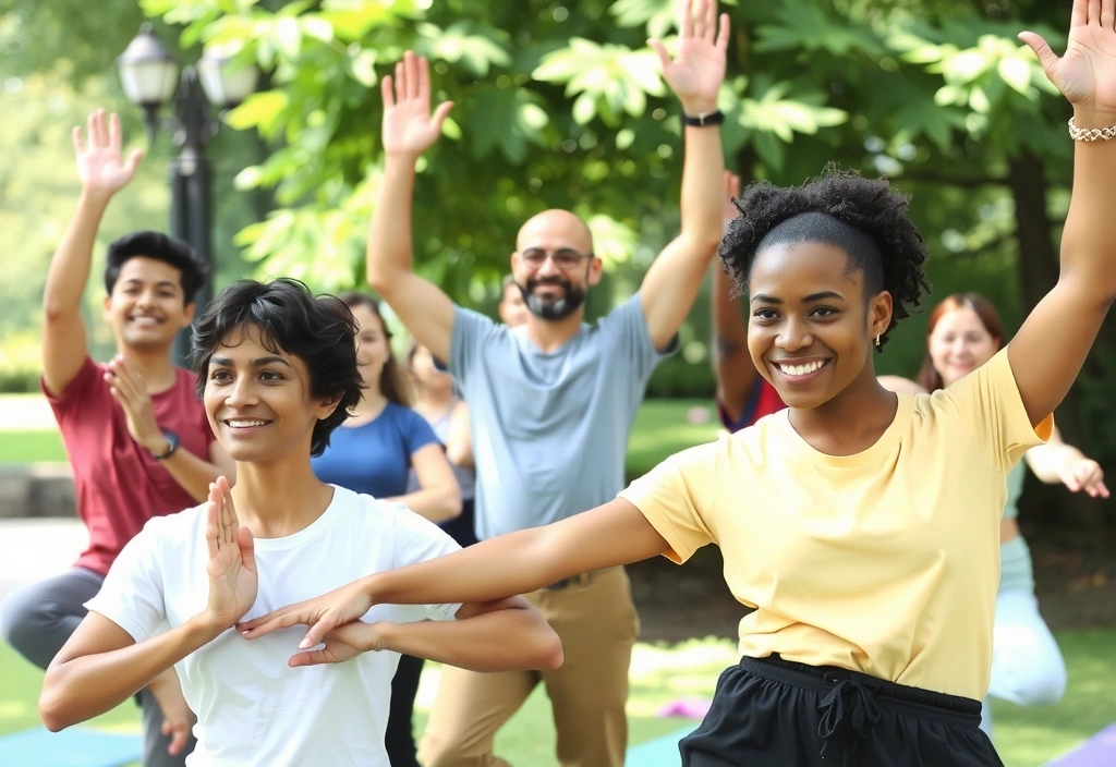Group of diverse people practicing yoga outdoors in a park