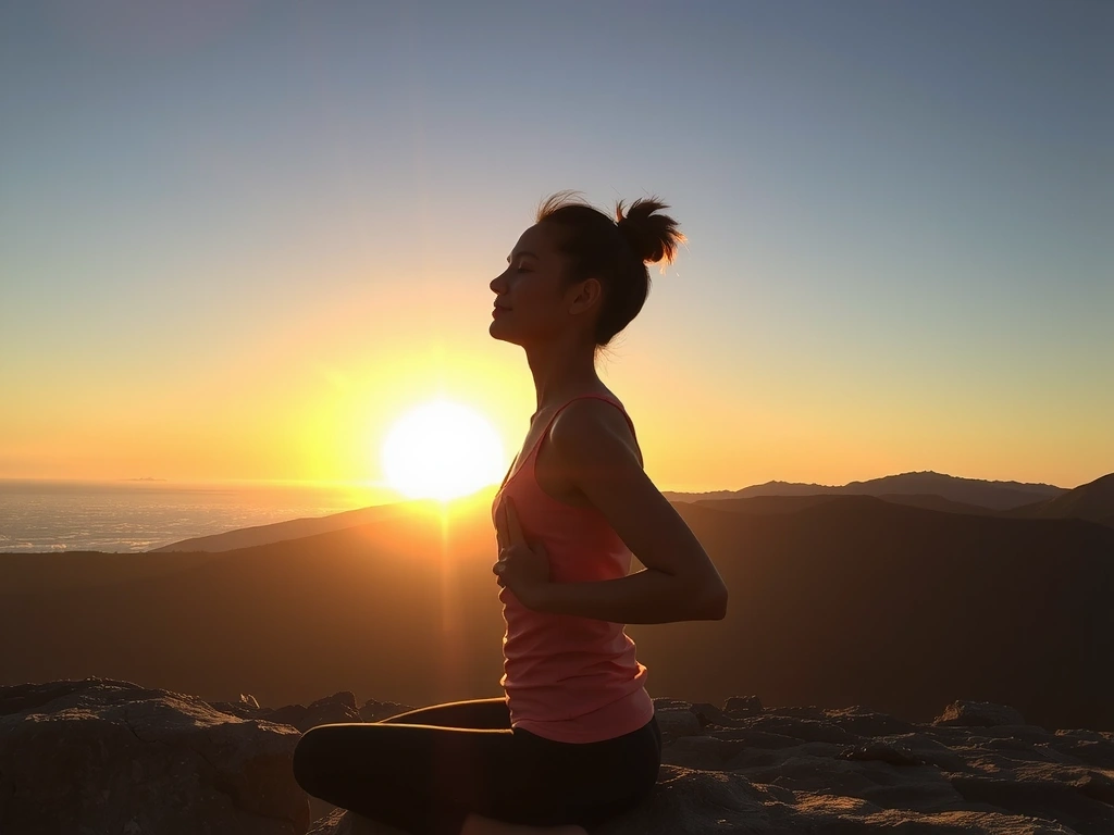Person meditating in a serene outdoor setting at sunrise
