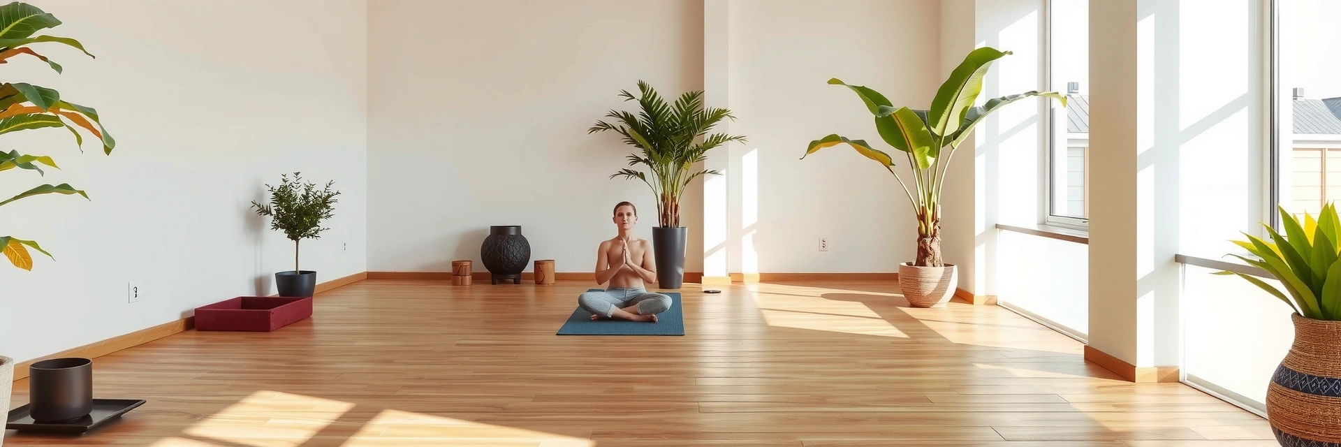 Serene yoga studio space with soft lighting and natural elements