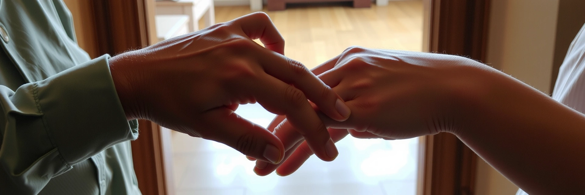 A serene image of hands gently touching, symbolizing connection and support within a community setting, with soft, warm lighting.
