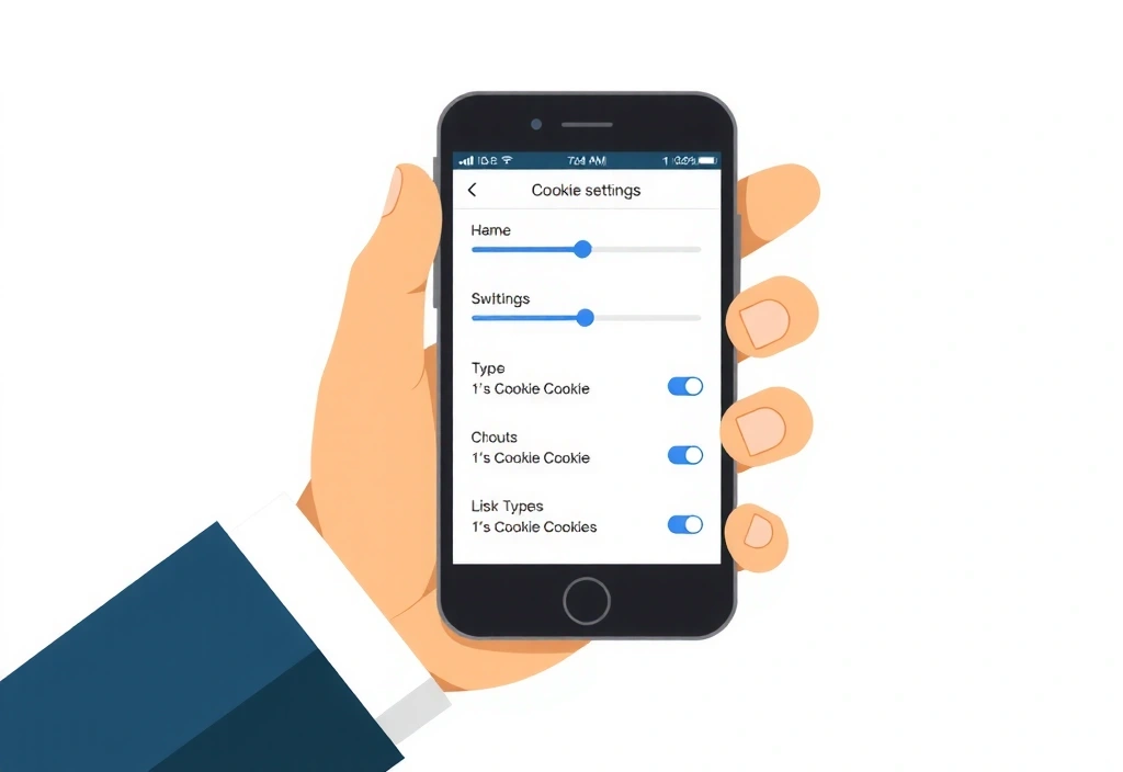 Illustration of a hand holding a smartphone with cookie settings UI