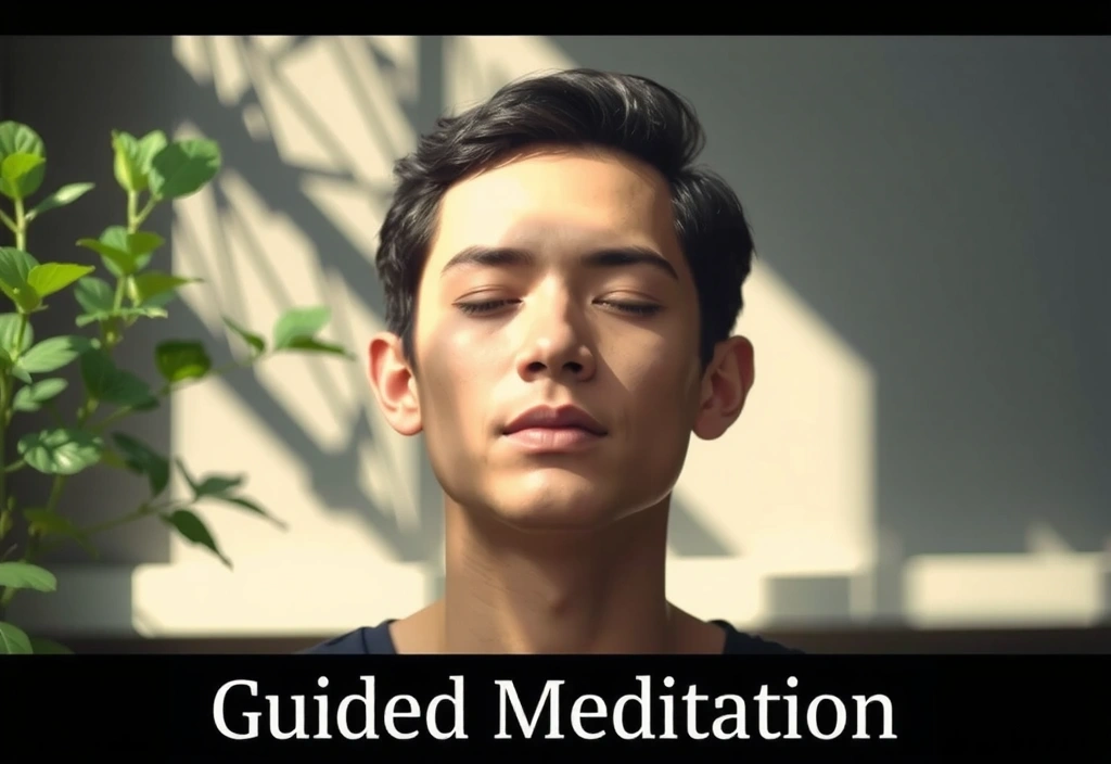A peaceful image of someone in a deep meditative state, surrounded by calming, natural elements, representing guided meditation, with no text.