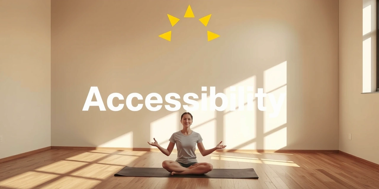A serene yoga studio with soft lighting, a person meditating in a peaceful pose, symbolizing accessibility and self-improvement through mindful practice.