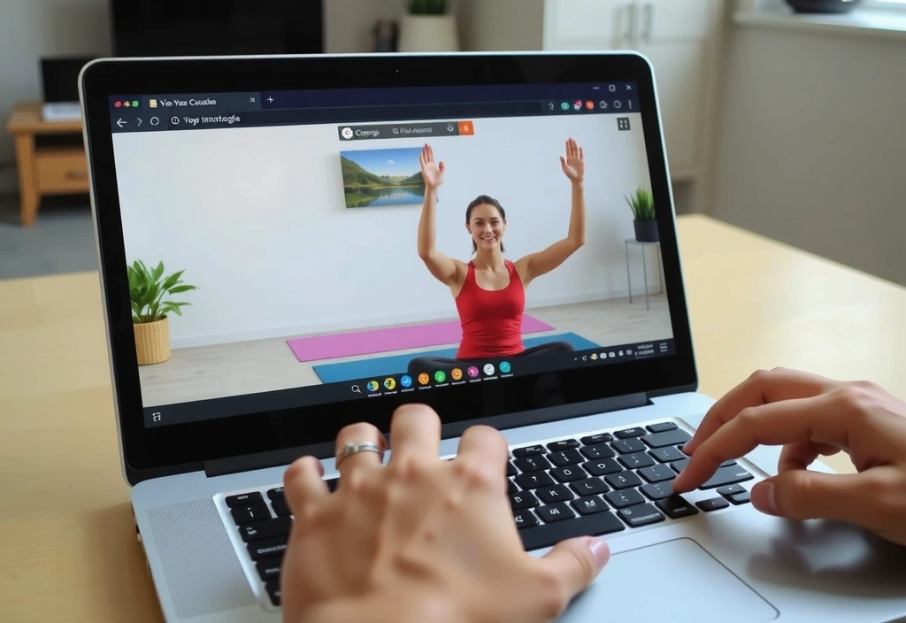 Laptop showing online yoga class with a person exercising, representing user accounts
