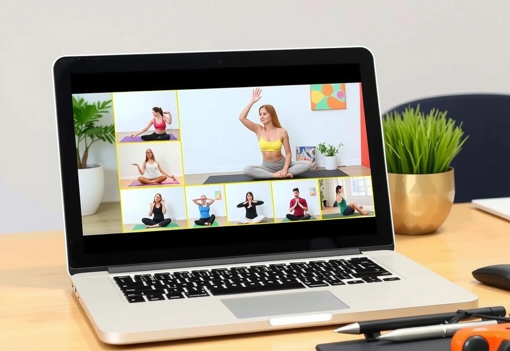 A laptop displaying an online yoga class with a diverse group of virtual participants.